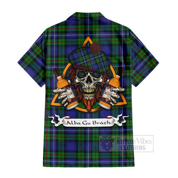 Donnachaidh Tartan Short Sleeve Button Shirt with Family Crest and Bearded Skull Holding Bottles of Whiskey