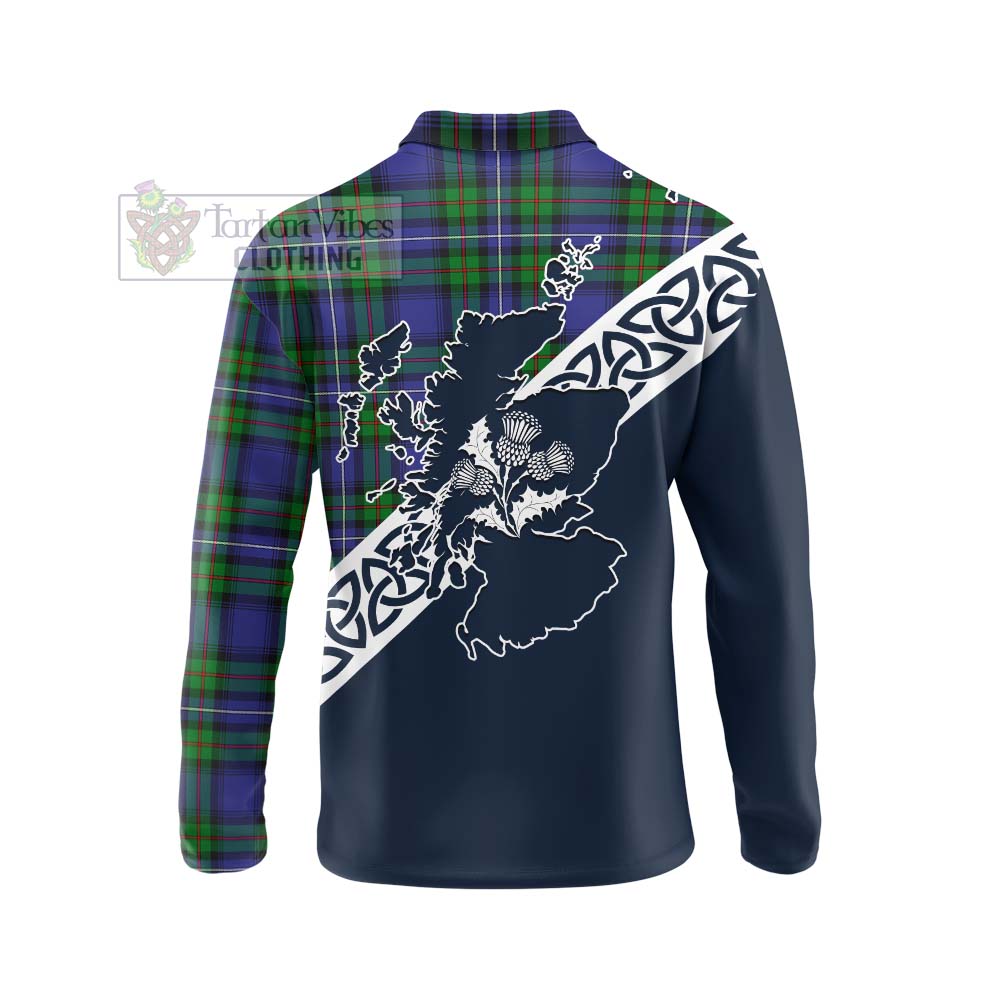 Tartan Vibes Clothing Donnachaidh Tartan Long Sleeve Polo Shirt Featuring Thistle and Scotland Map