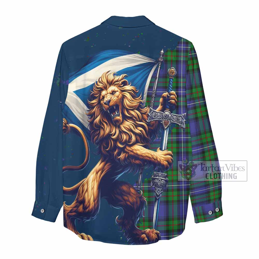 Tartan Vibes Clothing Donnachaidh Tartan Family Crest Women's Casual Shirt with Scottish Majestic Lion