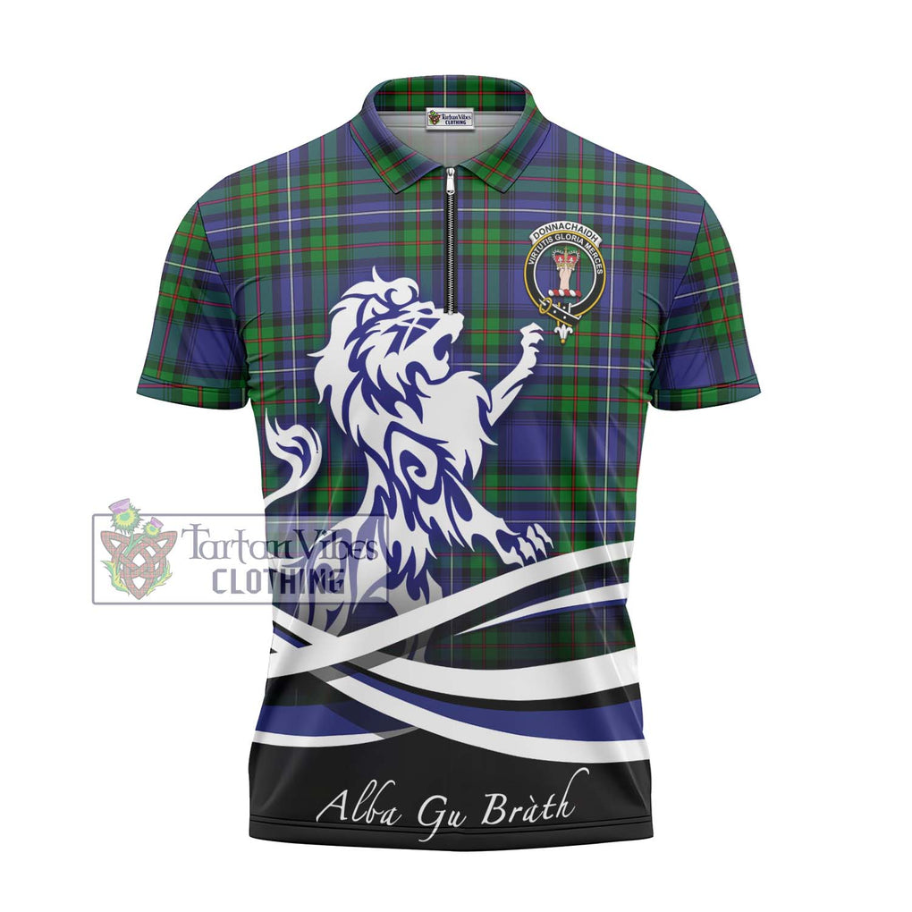 Donnachaidh Tartan Zipper Polo Shirt with Alba Gu Brath Regal Lion Emblem - Tartanvibesclothing Shop