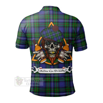 Donnachaidh Tartan Polo Shirt with Family Crest and Bearded Skull Holding Bottles of Whiskey