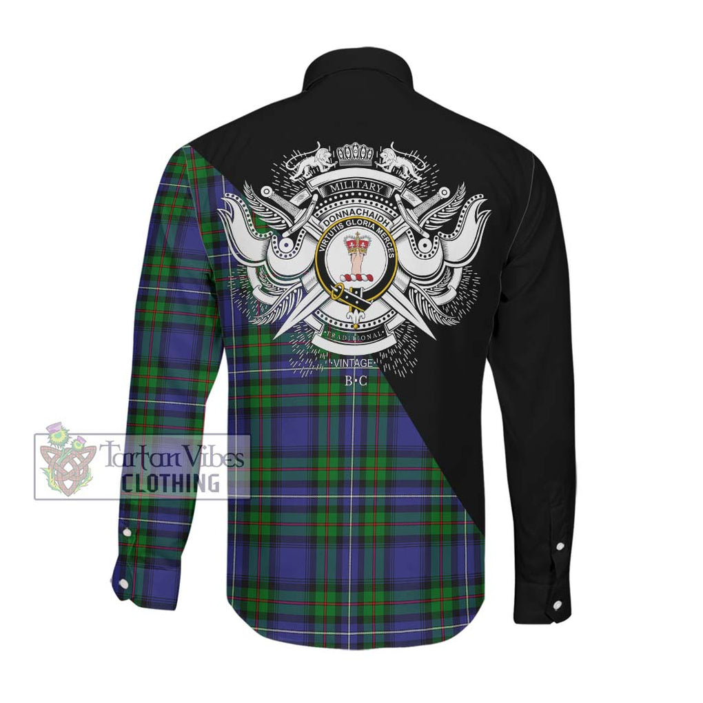 Donnachaidh Tartan Long Sleeve Button Shirt with Family Crest and Military Logo Style Men's Shirt - Tartanvibesclothing Shop