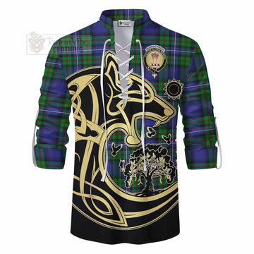 Donnachaidh Tartan Ghillie Kilt Shirt with Family Crest Celtic Wolf Style