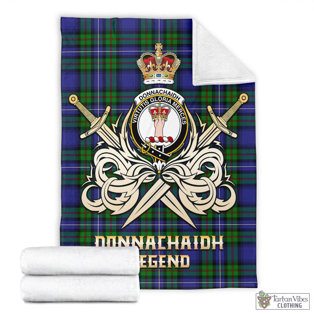 Tartan Vibes Clothing Donnachaidh Tartan Blanket with Clan Crest and the Golden Sword of Courageous Legacy