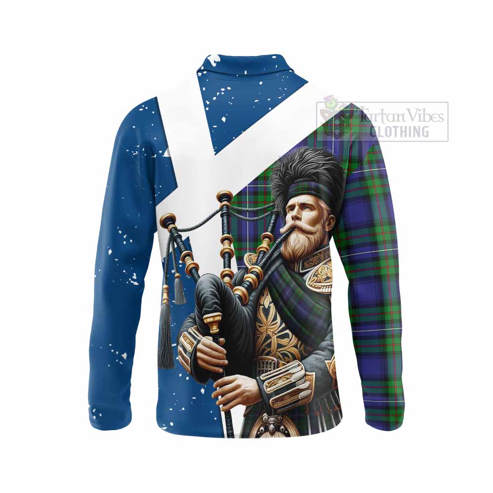 Tartan Vibes Clothing Donnachaidh Tartan Long Sleeve Polo Shirt with Family Crest Scottish Bagpiper Vibes