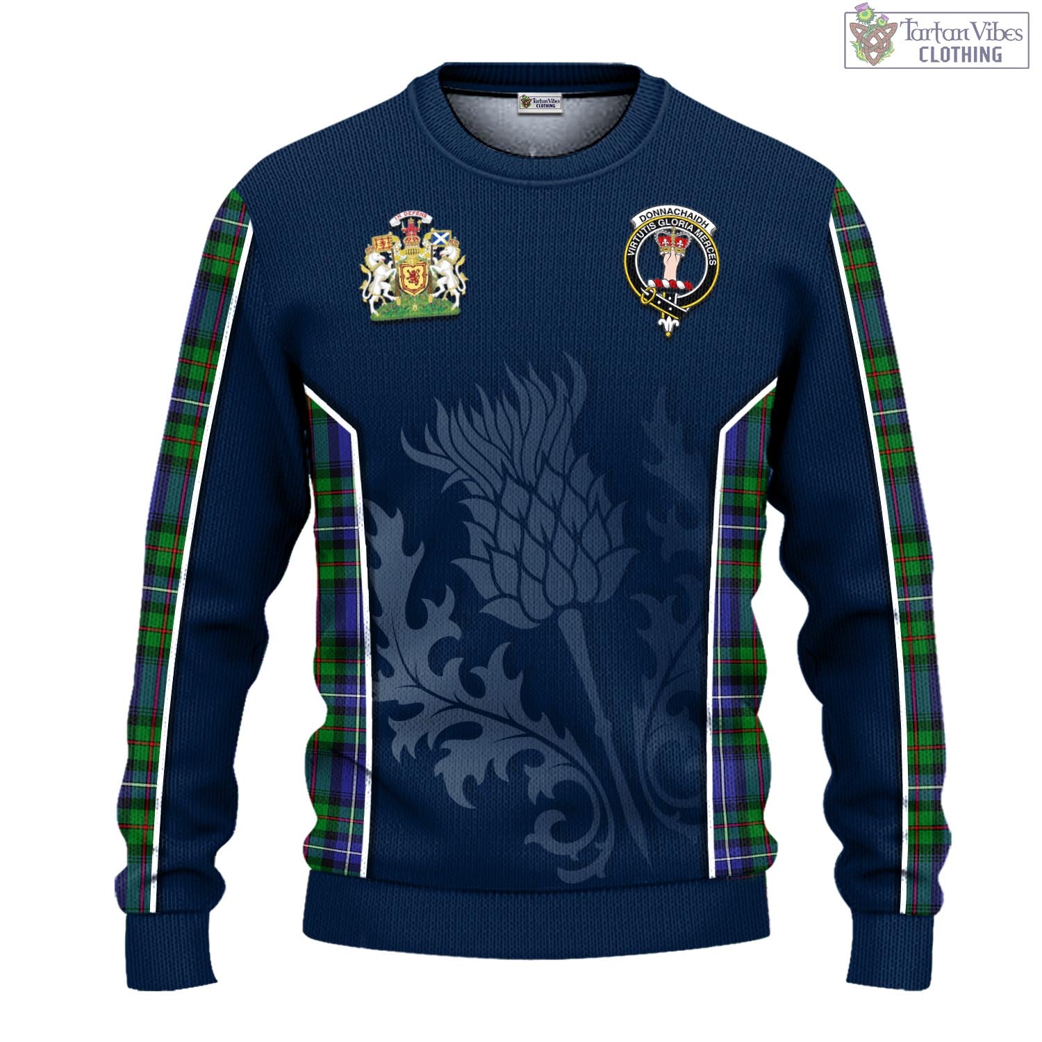 Tartan Vibes Clothing Donnachaidh Tartan Knitted Sweatshirt with Family Crest and Scottish Thistle Vibes Sport Style