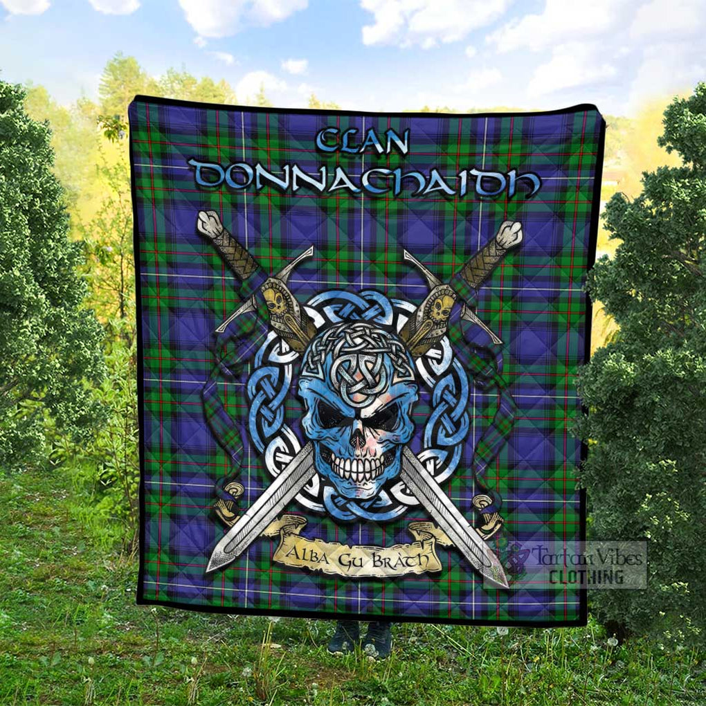 Tartan Vibes Clothing Donnachaidh Tartan Quilt with Celtic Skull Alba Gu Brath Style