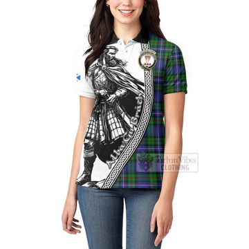 Donnachaidh Tartan Clan Crest Women's Polo Shirt with Highlander Warrior Celtic Style