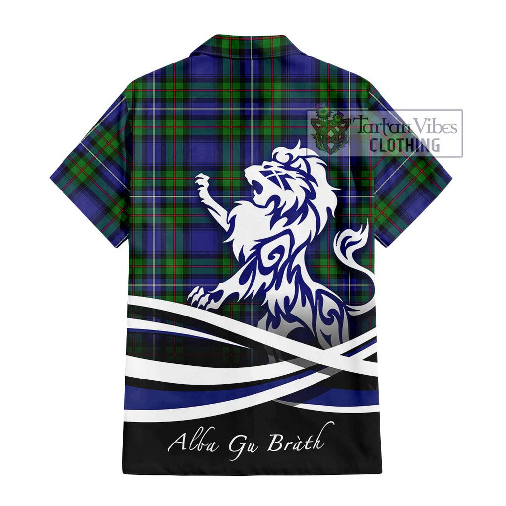 Donnachaidh Tartan Short Sleeve Button Shirt with Alba Gu Brath Regal Lion Emblem - Tartanvibesclothing Shop