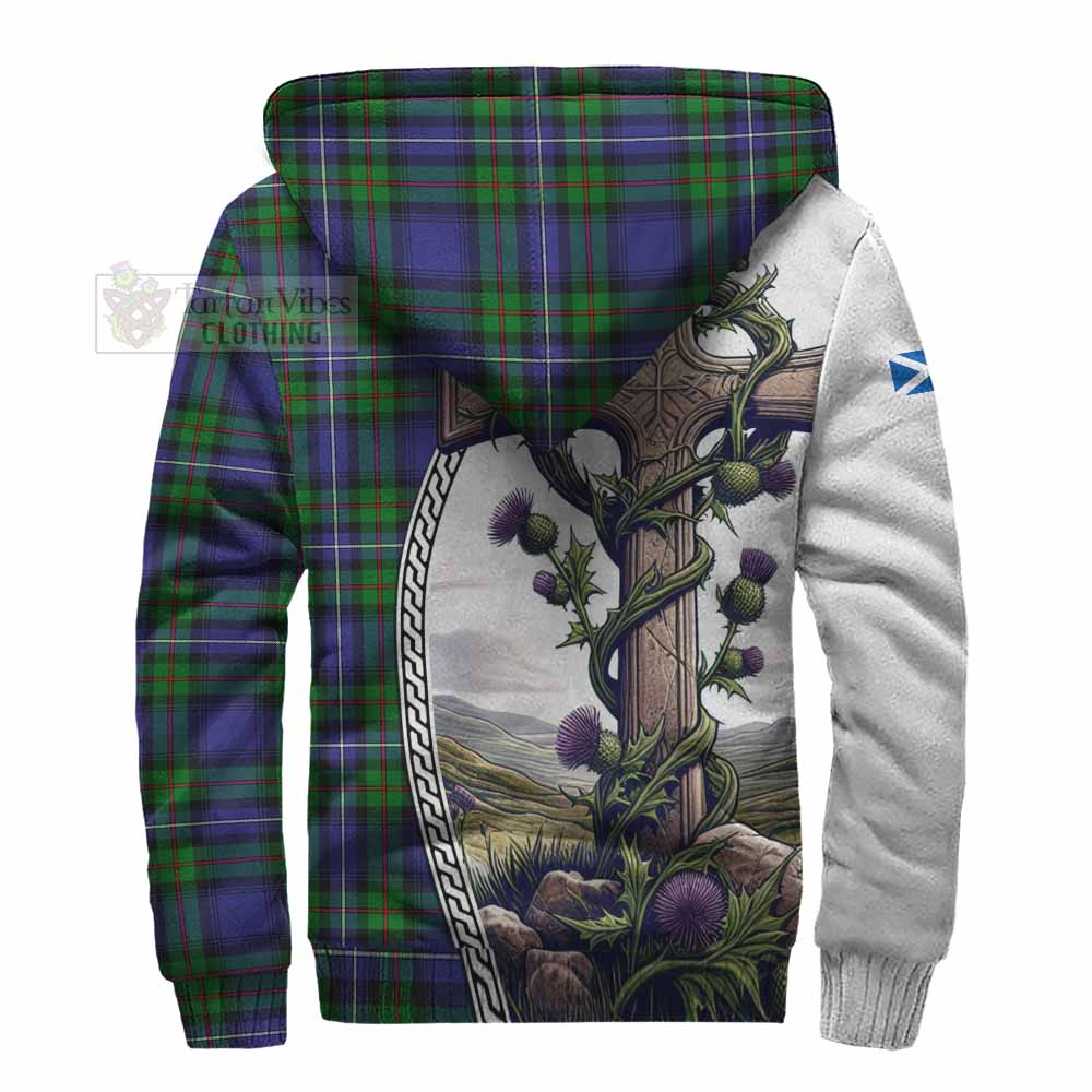 Tartan Vibes Clothing Donnachaidh Tartan Sherpa Hoodie with Family Crest and St. Andrew's Cross Accented by Thistle Vines