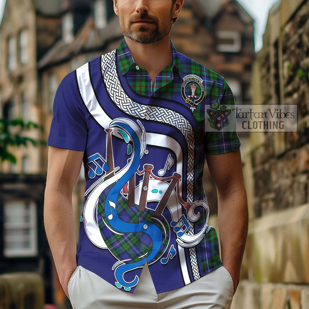 Donnachaidh Tartan Short Sleeve Button Shirt with Epic Bagpipe Style - Tartanvibesclothing Shop