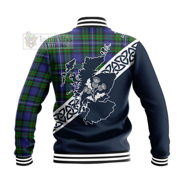 Donnachaidh Tartan Baseball Jacket Featuring Thistle and Scotland Map