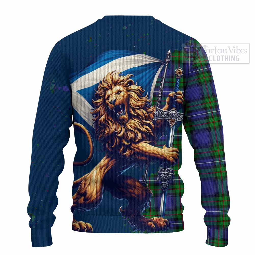 Tartan Vibes Clothing Donnachaidh Tartan Family Crest Knitted Sweater with Scottish Majestic Lion