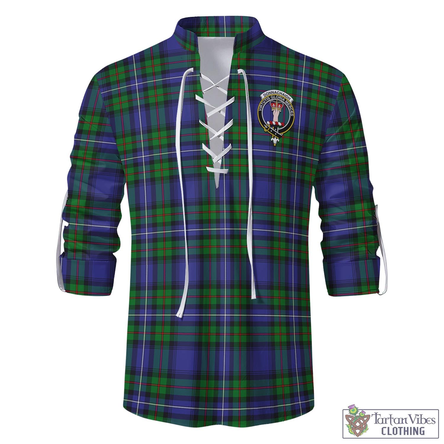 Tartan Vibes Clothing Donnachaidh Tartan Men's Scottish Traditional Jacobite Ghillie Kilt Shirt with Family Crest