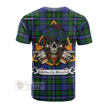 Donnachaidh Tartan Cotton T-shirt with Family Crest and Bearded Skull Holding Bottles of Whiskey