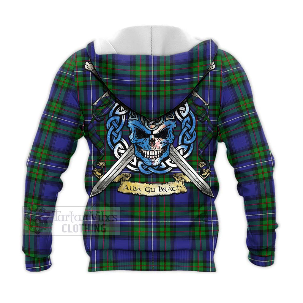 Tartan Vibes Clothing Donnachaidh Tartan Knitted Hoodie with Family Crest Celtic Skull Style