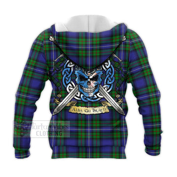 Donnachaidh Tartan Knitted Hoodie with Family Crest Celtic Skull Style