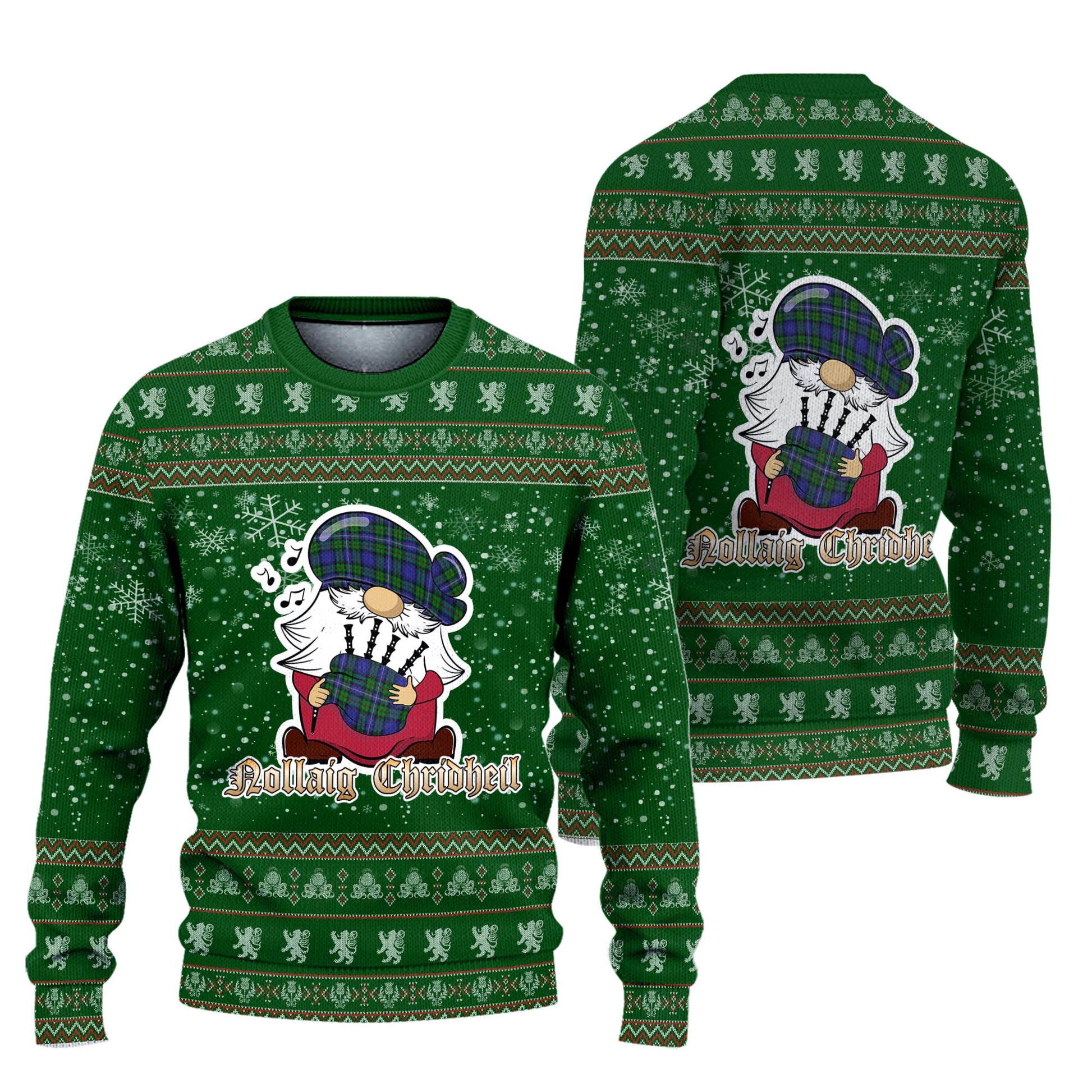 Donnachaidh Clan Christmas Family Knitted Sweater with Funny Gnome Playing Bagpipes Unisex Green - Tartanvibesclothing