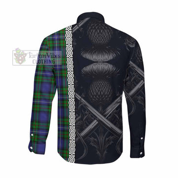 Donnachaidh Tartan Long Sleeve Button Shirt with Family Crest Cross Sword Thistle Celtic Vibes