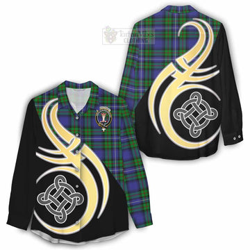 Donnachaidh Tartan Women's Casual Shirt with Family Crest and Celtic Symbol Style