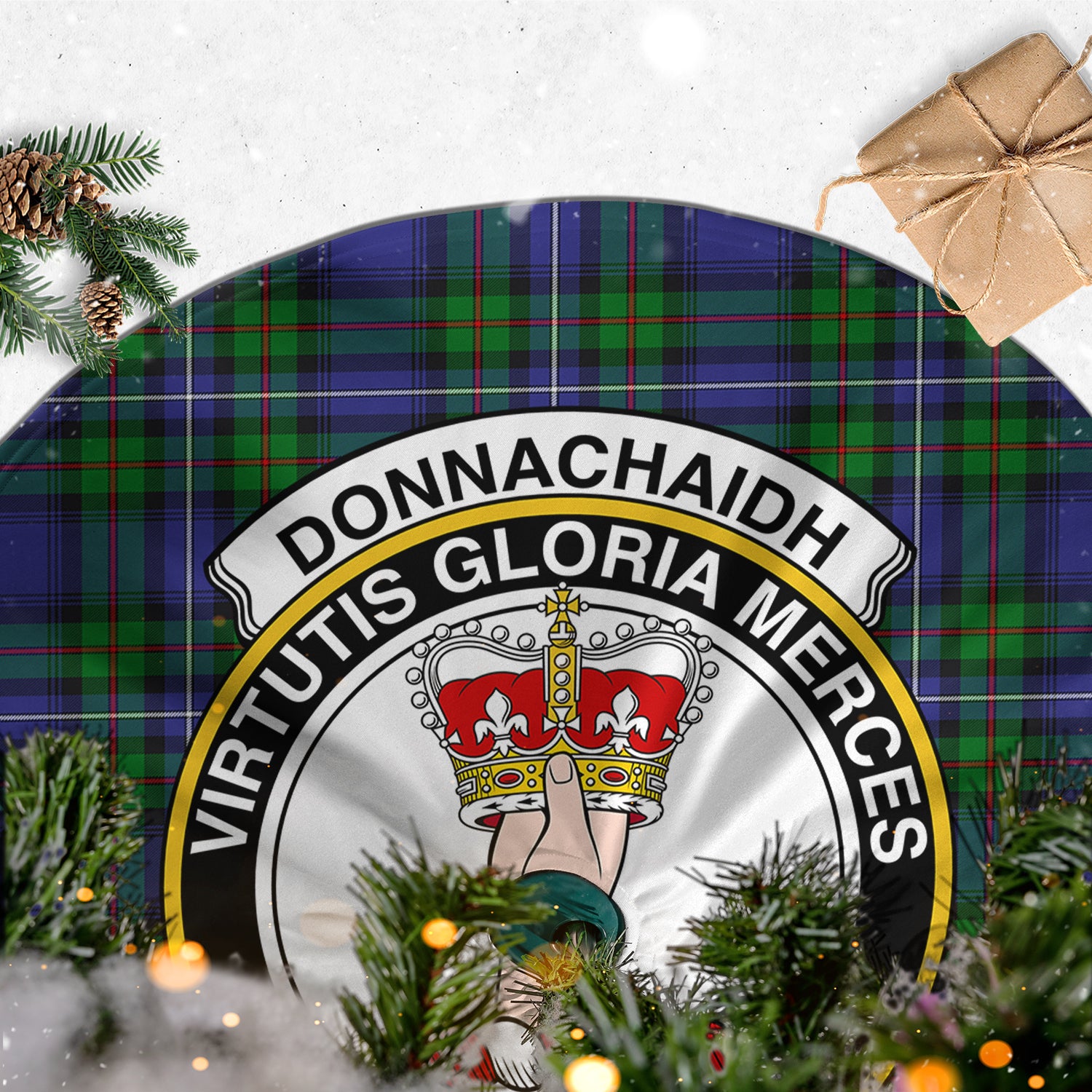 Donnachaidh Tartan Christmas Tree Skirt with Family Crest - Tartanvibesclothing