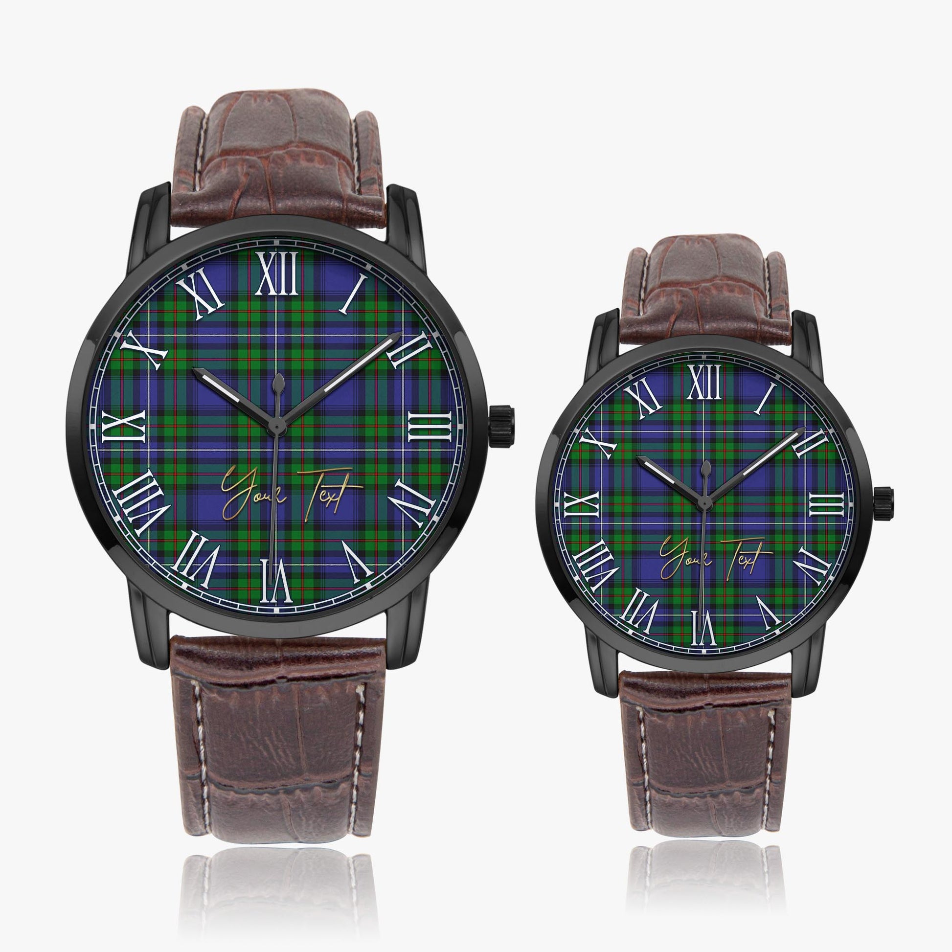 Donnachaidh Tartan Personalized Your Text Leather Trap Quartz Watch Wide Type Black Case With Brown Leather Strap - Tartanvibesclothing