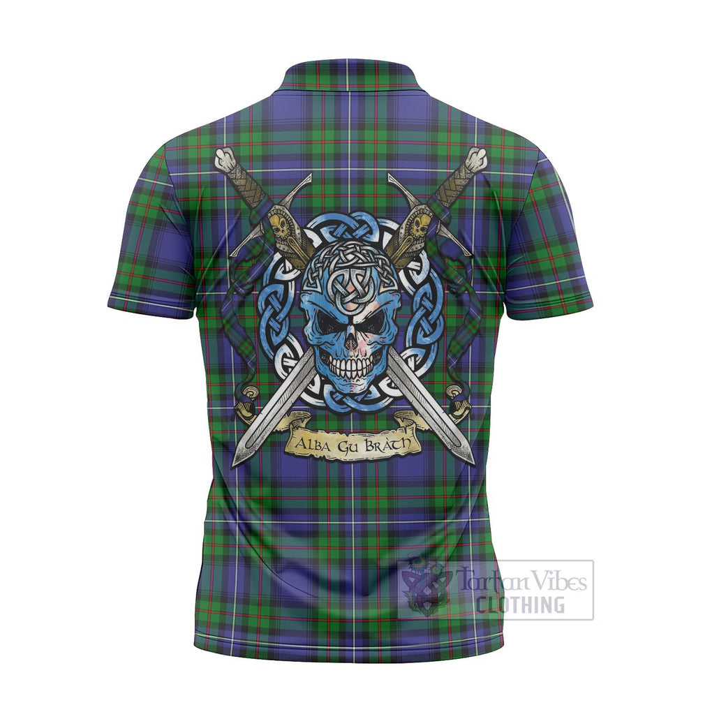 Tartan Vibes Clothing Donnachaidh Tartan Zipper Polo Shirt with Family Crest Celtic Skull Style