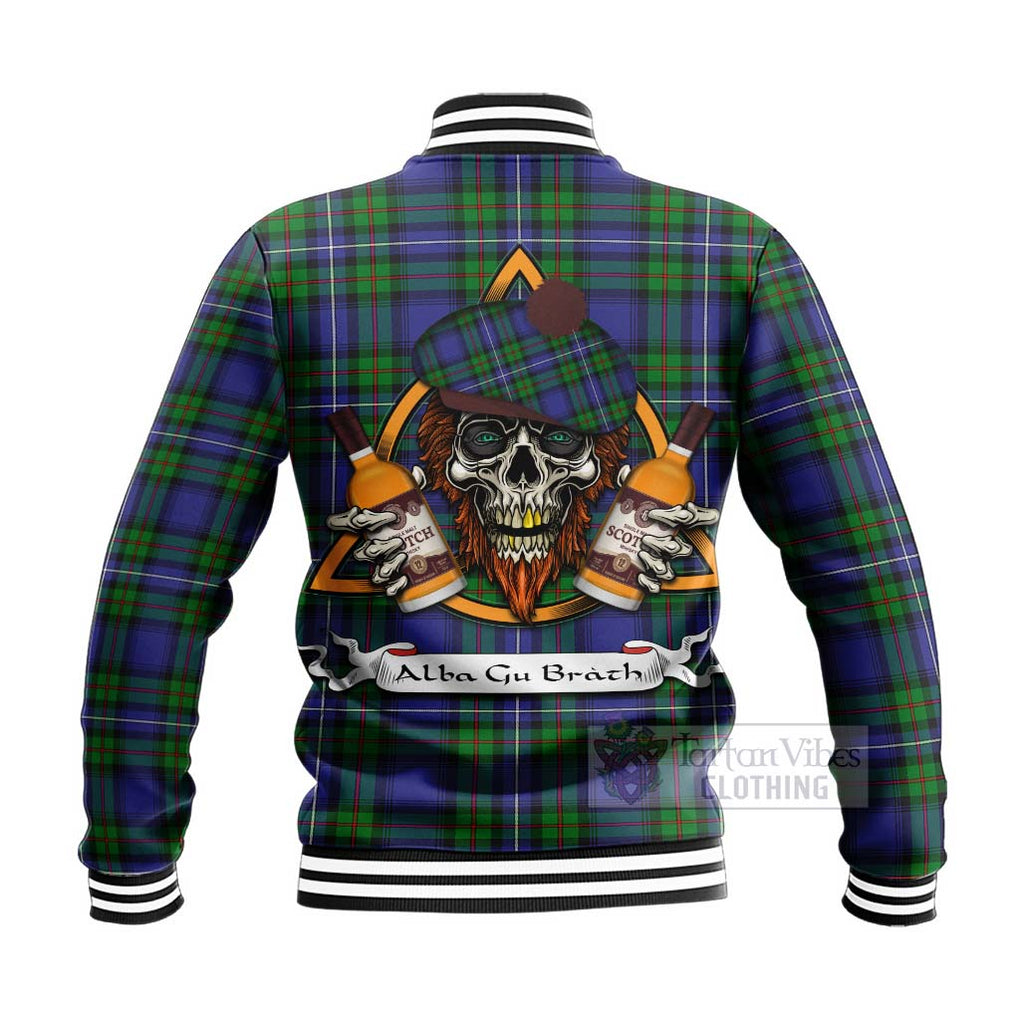 Tartan Vibes Clothing Donnachaidh Tartan Baseball Jacket with Family Crest and Bearded Skull Holding Bottles of Whiskey