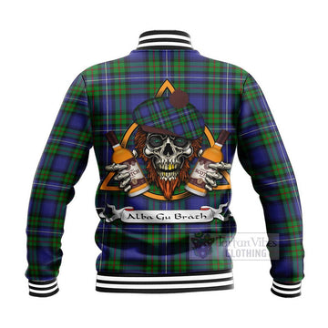 Donnachaidh Tartan Baseball Jacket with Family Crest and Bearded Skull Holding Bottles of Whiskey