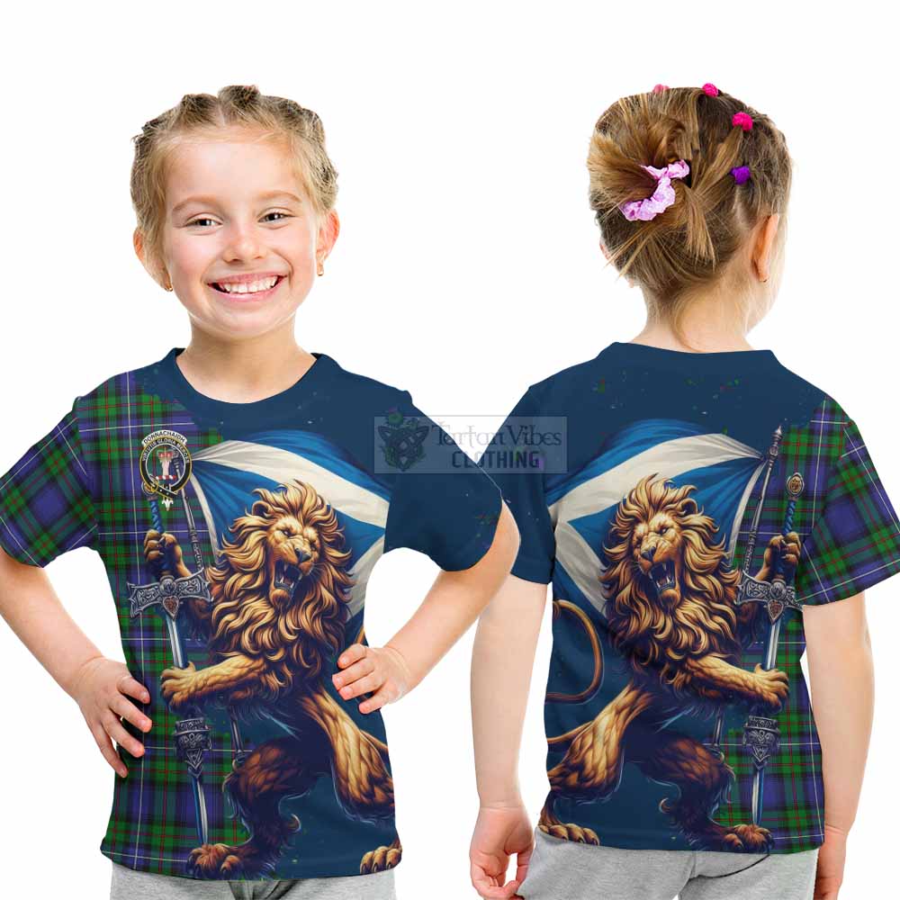 Tartan Vibes Clothing Donnachaidh Tartan Family Crest Kid T-Shirt with Scottish Majestic Lion