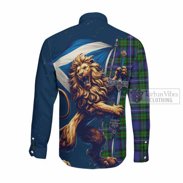 Donnachaidh Tartan Family Crest Long Sleeve Button Shirt with Scottish Majestic Lion