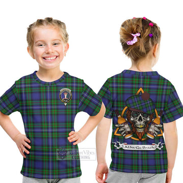 Donnachaidh Tartan Kid T-Shirt with Family Crest and Bearded Skull Holding Bottles of Whiskey