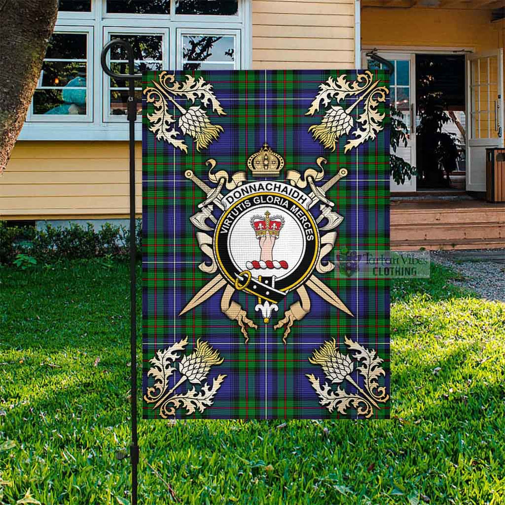 Tartan Vibes Clothing Donnachaidh Tartan Flag with Family Crest and Golden Thistle Crossed Sword Design