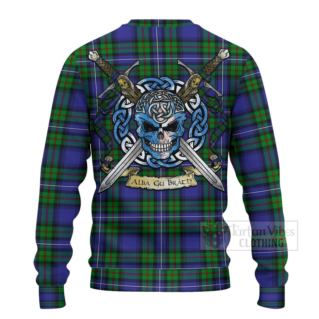 Tartan Vibes Clothing Donnachaidh Tartan Knitted Sweater with Family Crest Celtic Skull Style