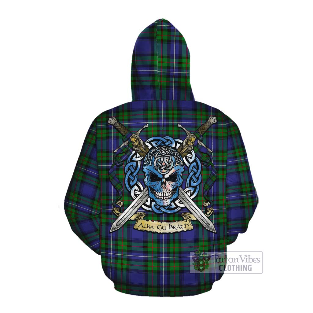 Tartan Vibes Clothing Donnachaidh Tartan Cotton Hoodie with Family Crest Celtic Skull Style