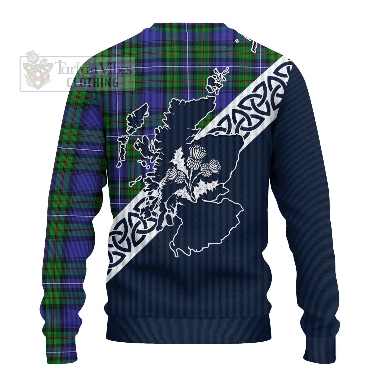 Tartan Vibes Clothing Donnachaidh Tartan Knitted Sweater Featuring Thistle and Scotland Map