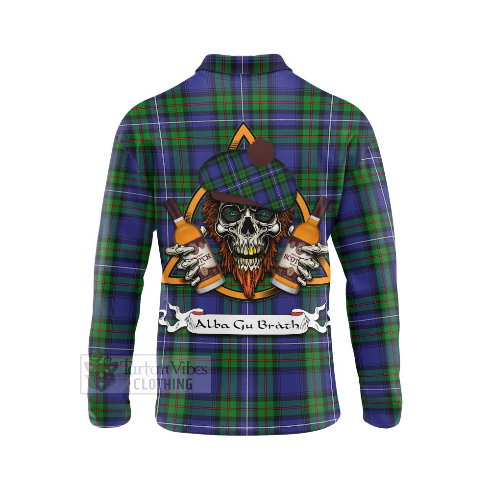 Tartan Vibes Clothing Donnachaidh Tartan Long Sleeve Polo Shirt with Family Crest and Bearded Skull Holding Bottles of Whiskey