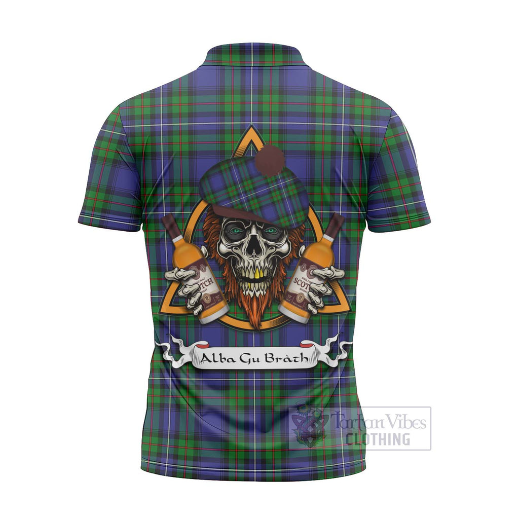 Tartan Vibes Clothing Donnachaidh Tartan Zipper Polo Shirt with Family Crest and Bearded Skull Holding Bottles of Whiskey