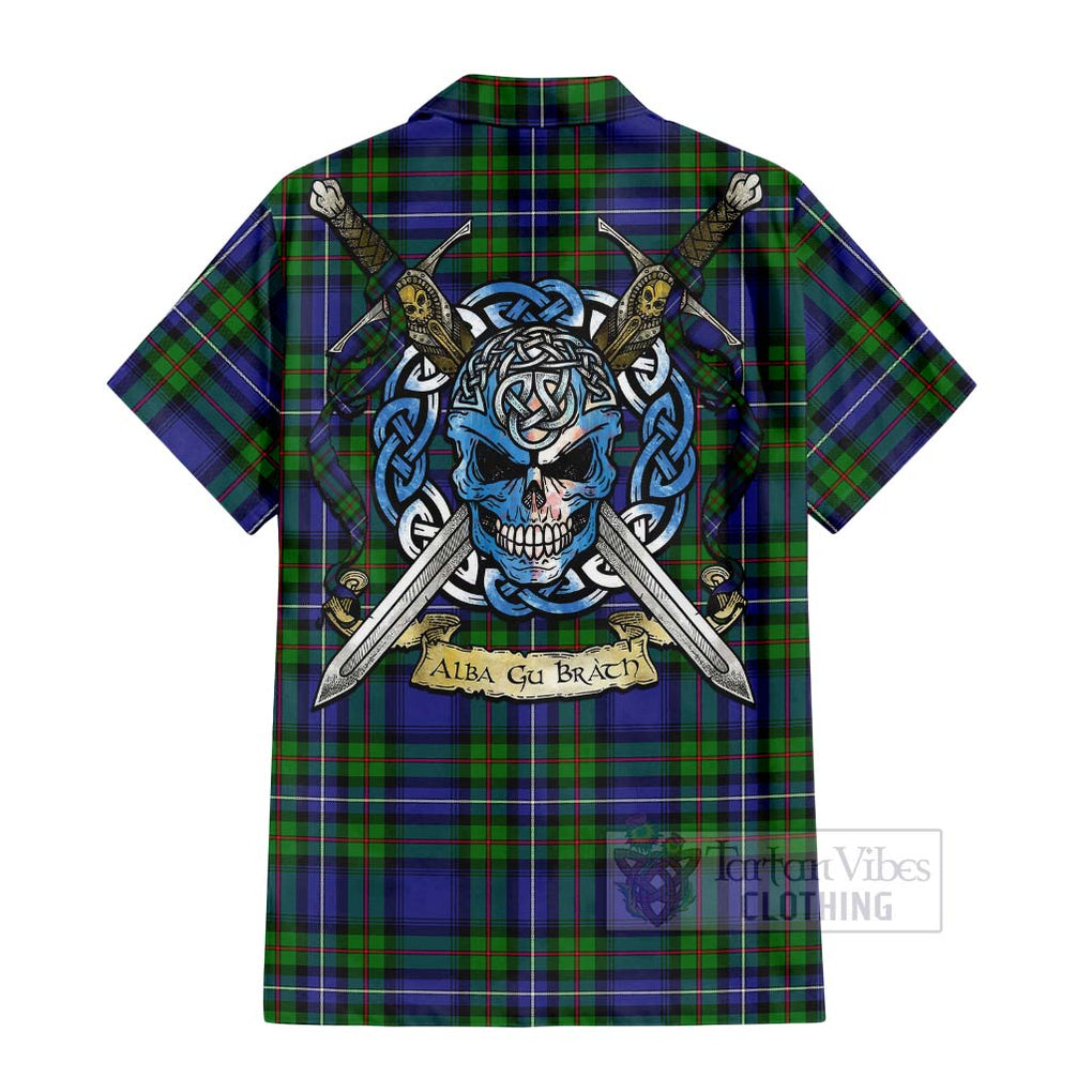 Tartan Vibes Clothing Donnachaidh Tartan Short Sleeve Button Shirt with Family Crest Celtic Skull Style