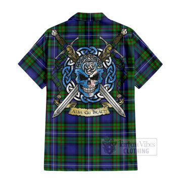 Donnachaidh Tartan Short Sleeve Button Shirt with Family Crest Celtic Skull Style