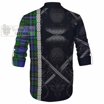 Donnachaidh Tartan Ghillie Kilt Shirt with Family Crest Cross Sword Thistle Celtic Vibes