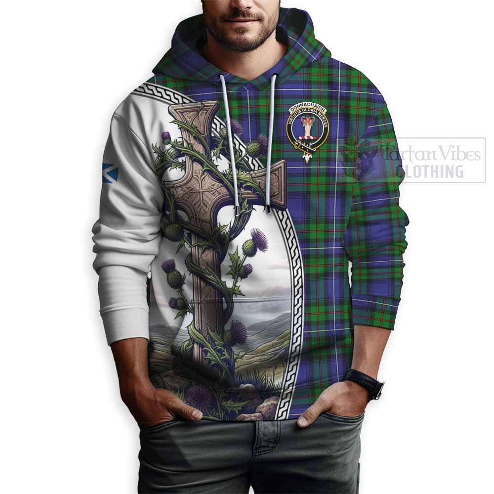 Tartan Vibes Clothing Donnachaidh Tartan Hoodie with Family Crest and St. Andrew's Cross Accented by Thistle Vines