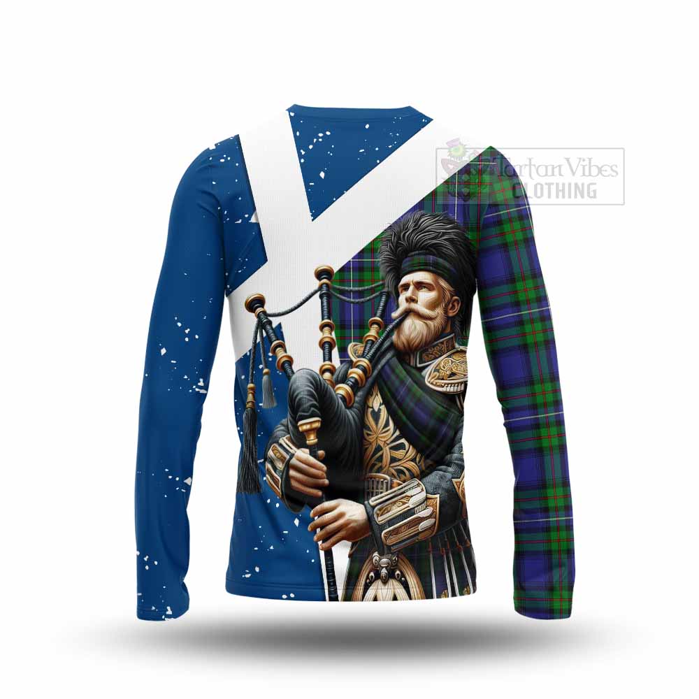 Tartan Vibes Clothing Donnachaidh Tartan Long Sleeve T-Shirt with Family Crest Scottish Bagpiper Vibes