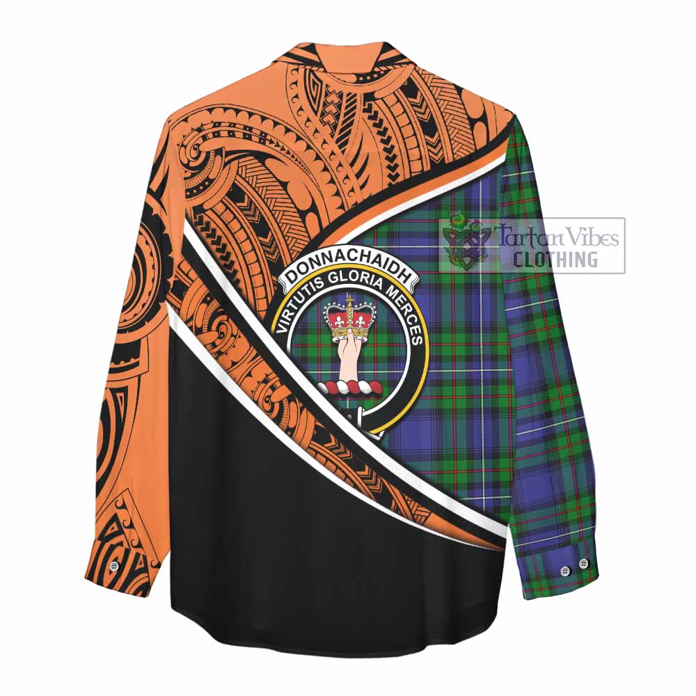 Tartan Vibes Clothing Donnachaidh Crest Tartan Women's Casual Shirt with Maori Tattoo Style - Orange Version