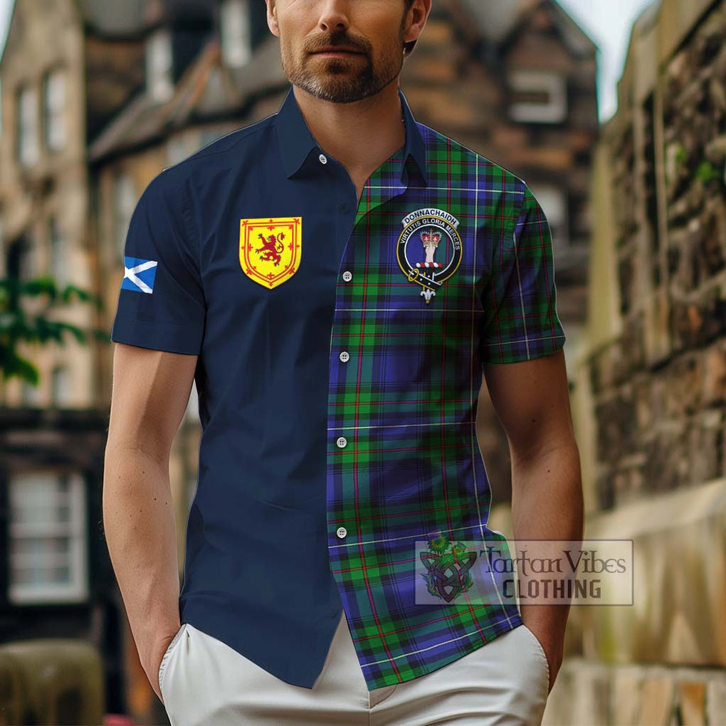 Tartan Vibes Clothing Donnachaidh Tartan Short Sleeve Button Shirt with Scottish Lion Royal Arm Half Style