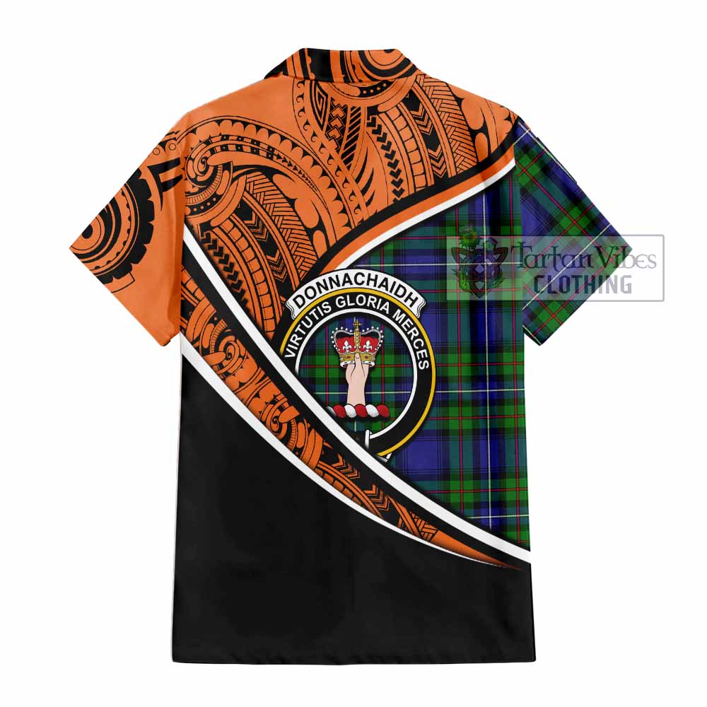 Tartan Vibes Clothing Donnachaidh Crest Tartan Short Sleeve Button Shirt with Maori Tattoo Style - Orange Version