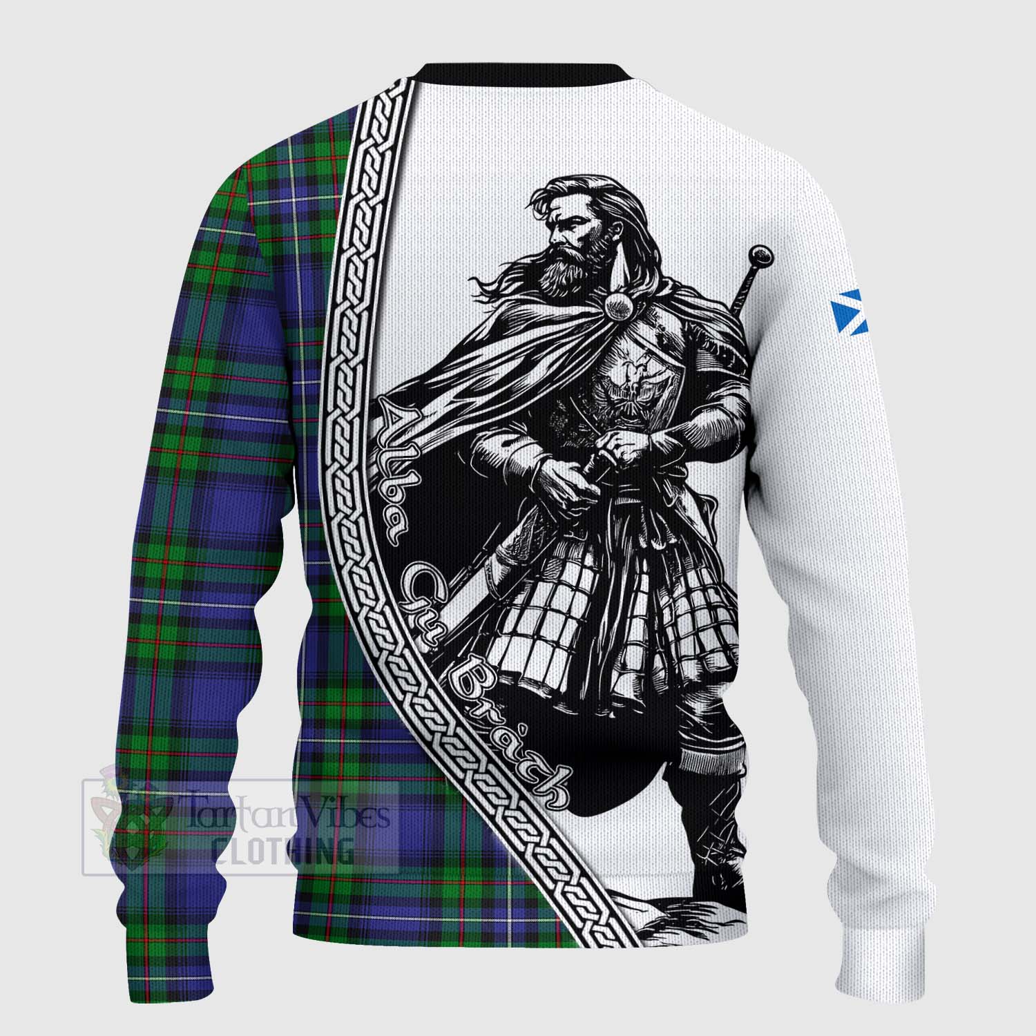 Tartan Vibes Clothing Donnachaidh Tartan Clan Crest Knitted Sweater with Highlander Warrior Celtic Style