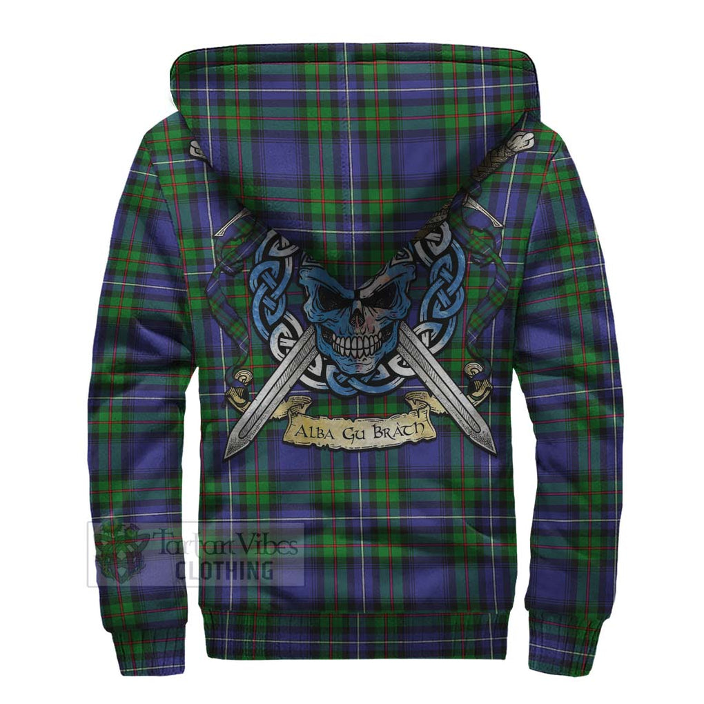 Tartan Vibes Clothing Donnachaidh Tartan Sherpa Hoodie with Family Crest Celtic Skull Style