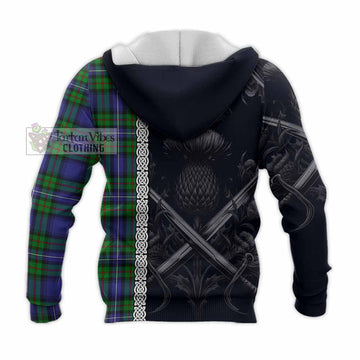 Donnachaidh Tartan Knitted Hoodie with Family Crest Cross Sword Thistle Celtic Vibes