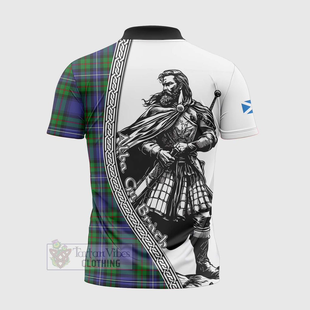 Tartan Vibes Clothing Donnachaidh Tartan Clan Crest Zipper Polo Shirt with Highlander Warrior Celtic Style